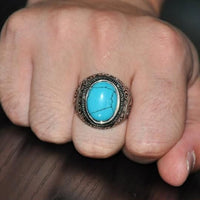 Men Silver-Plated Blue Stone Studded Oxidized Ring