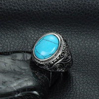 Men Silver-Plated Blue Stone Studded Oxidized Ring
