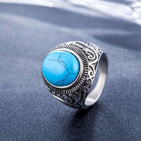 Men Silver-Plated Blue Stone Studded Oxidized Ring